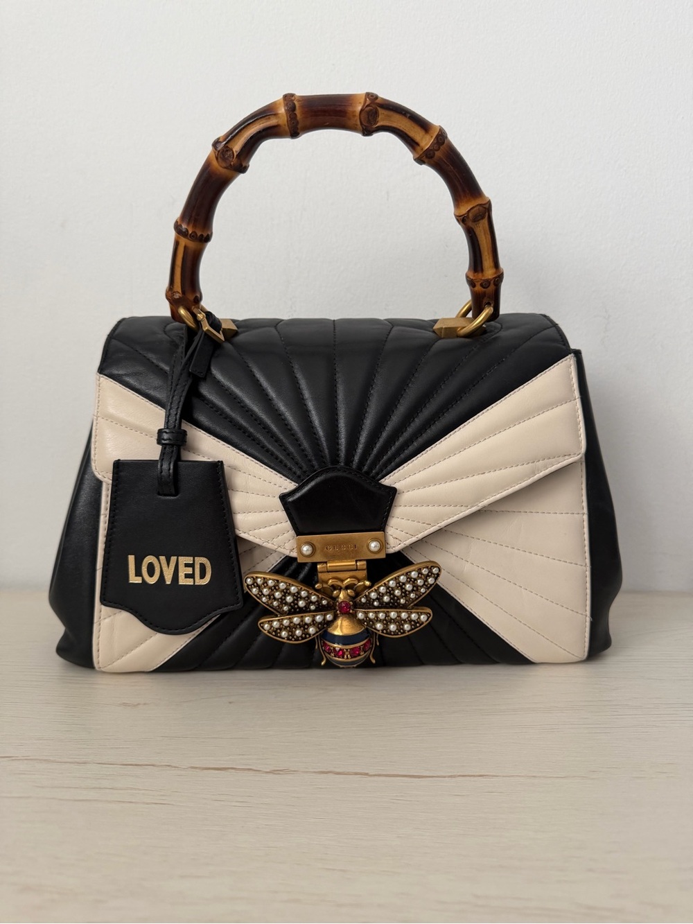 Gucci Queen  Margaret Black & Cream Quilted Top-Handle Bag with Bee Accent
